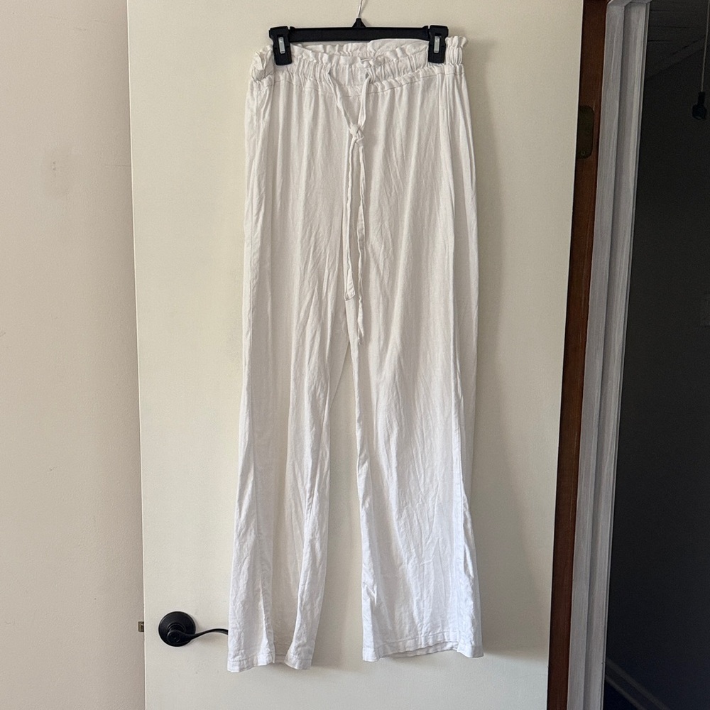 White Drawstring Wide-Leg Linen Pants
